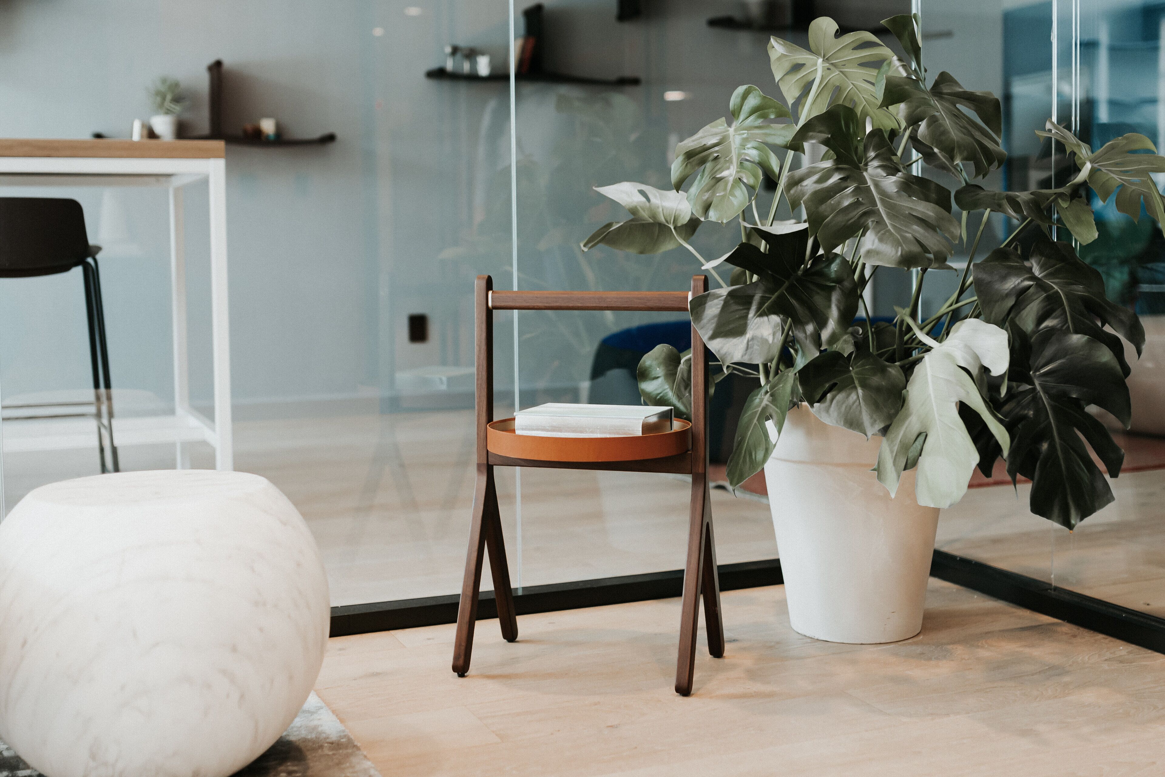 Un intérieur moderne avec une chaise en bois, une plante en pot blanche et un objet sphérique blanc posé sur un sol carrelé.