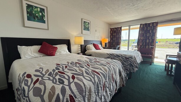 A hotel room with two beds, a desk, and a view of the outdoors. - Budget Inn (McDonough)