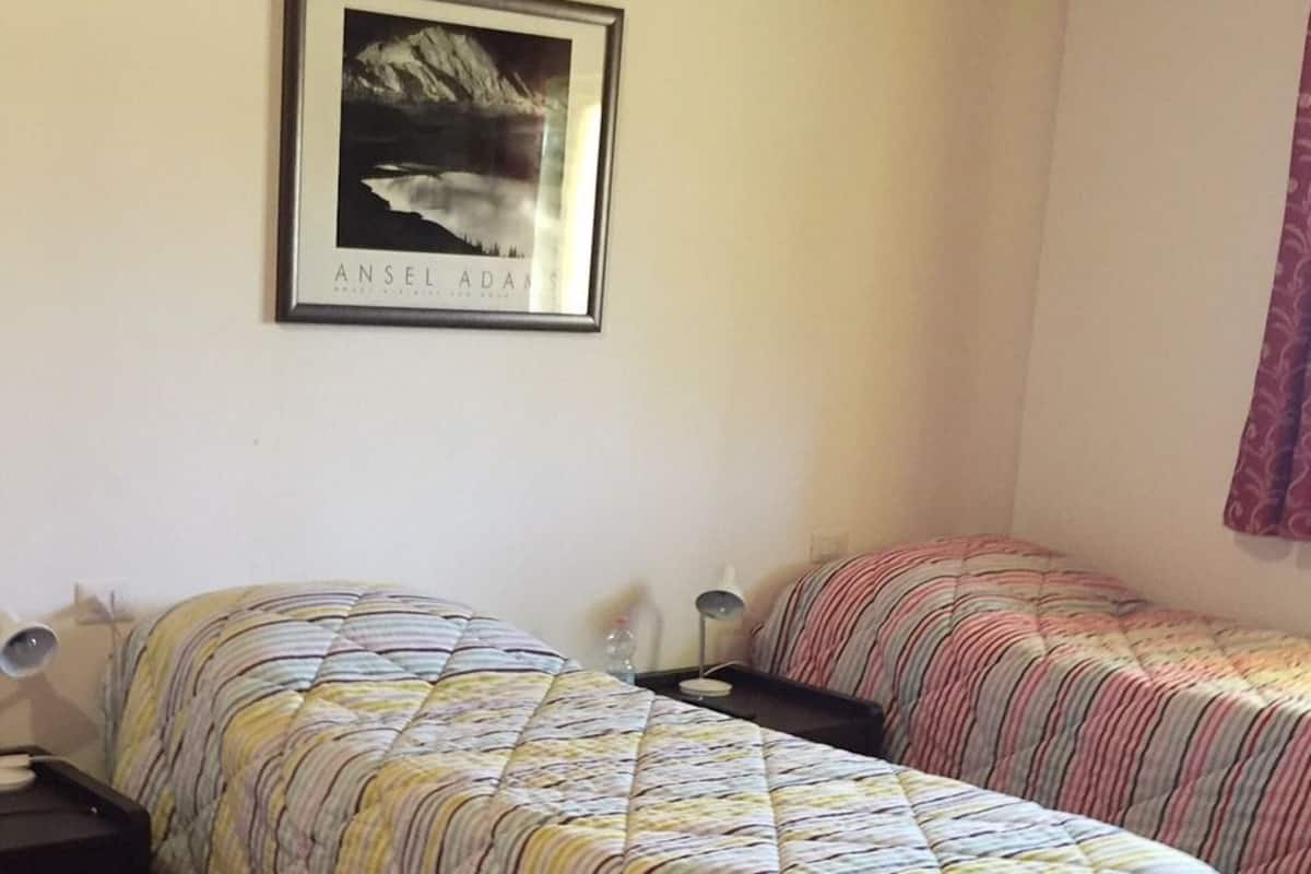 Quarto com duas camas, um quadro na parede e um tapete estampado.