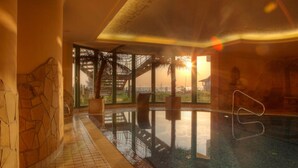 An indoor swimming pool with a view of a bridge and palm trees.