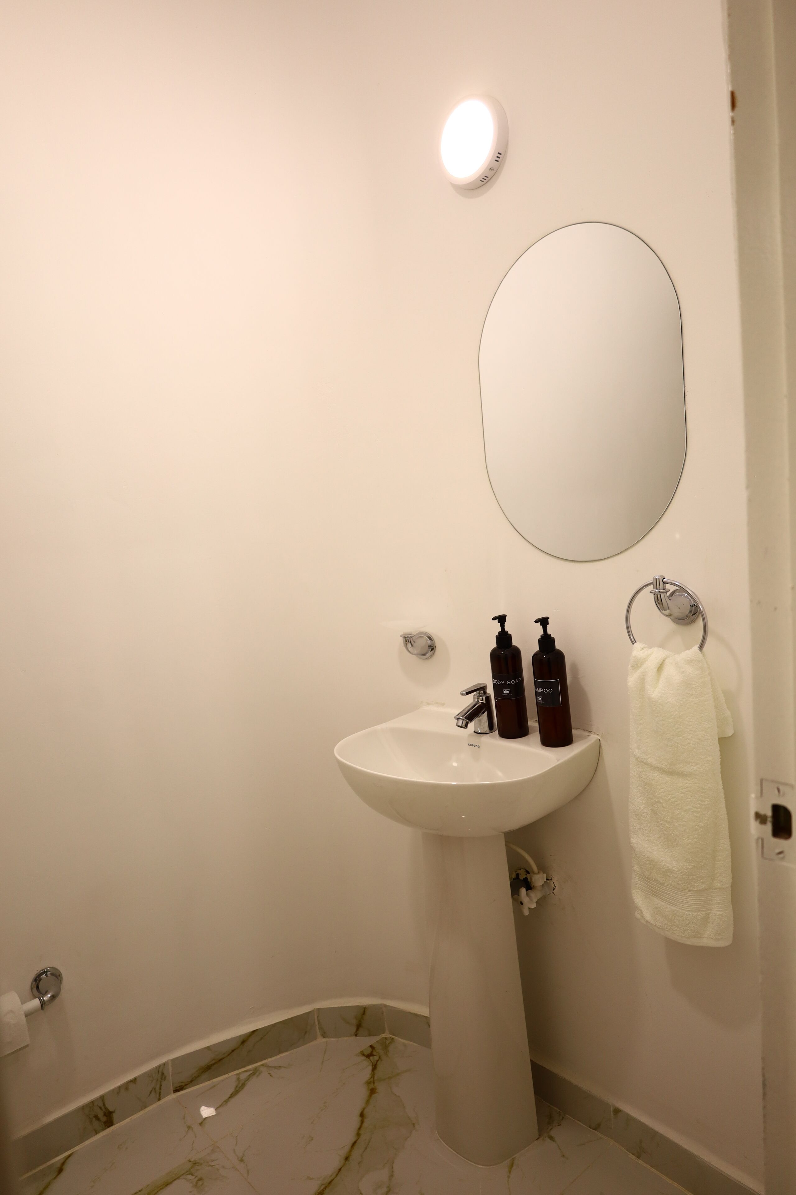 A bathroom with a white sink, two bottles of shampoo, a towel ring, and a mirror.