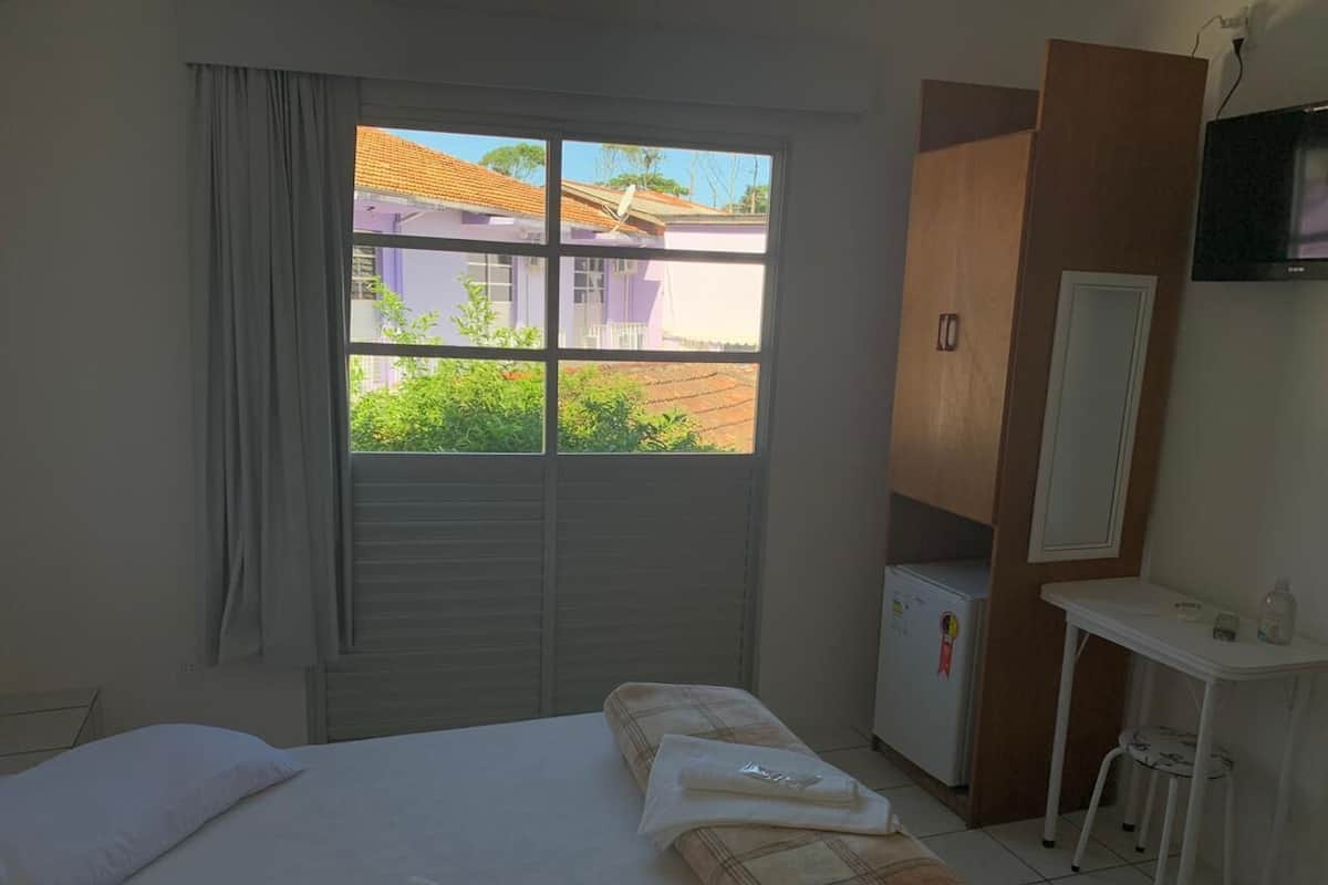 A hotel room with a bed, a small desk, a mirror, and a window with a view of buildings and greenery.