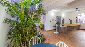 A spacious indoor area with a reception desk, seating area, and a large indoor plant. - Pousada Santa Ana (Florianópolis)