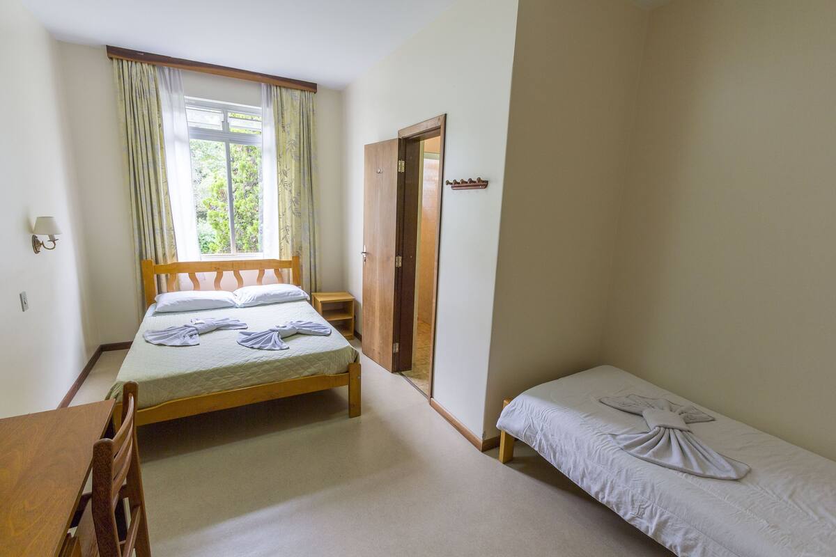 A bedroom with a wooden bed, a smaller single bed, a wooden chair, a nightstand, and a window with curtains.