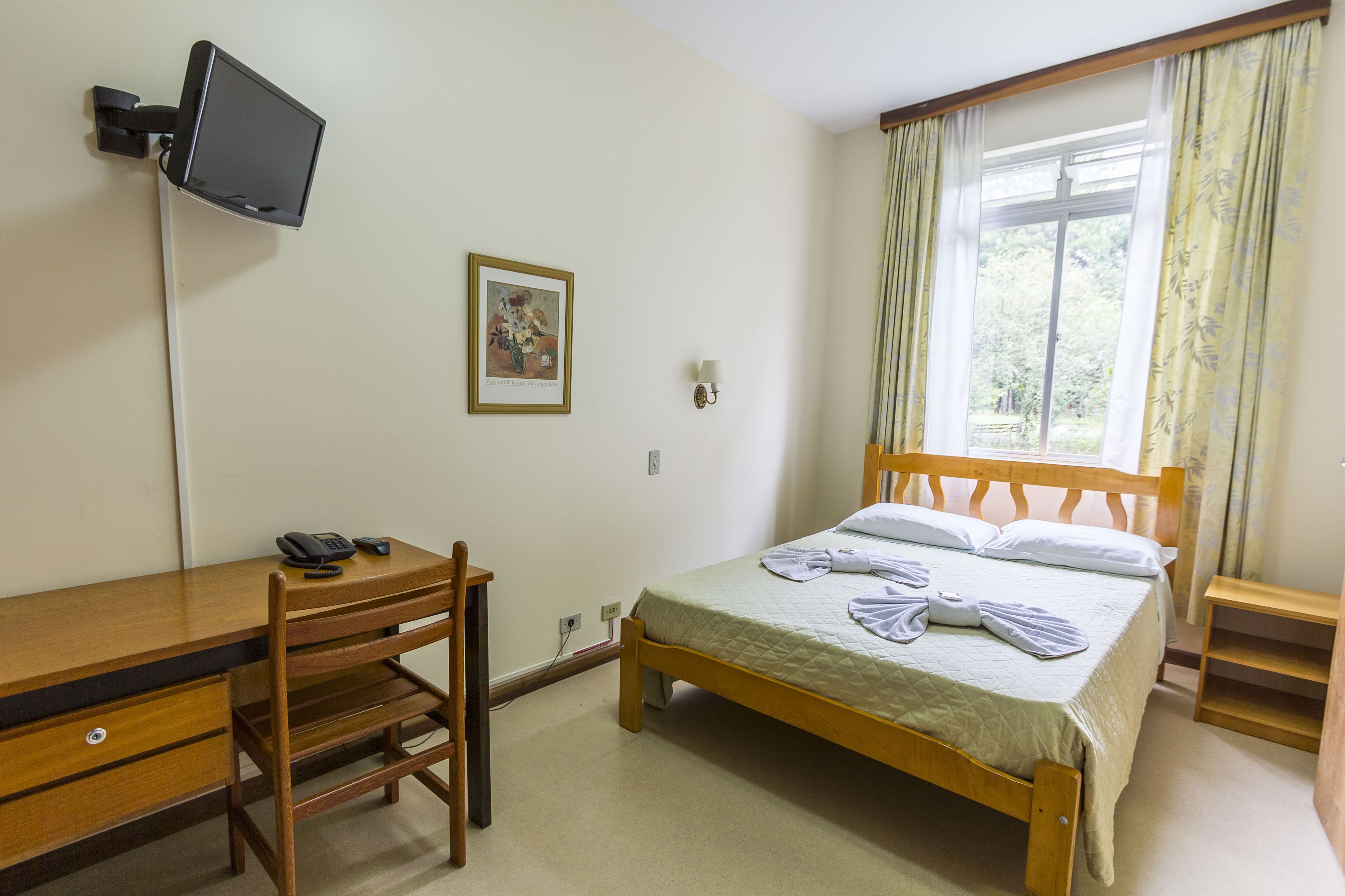 A bedroom with a wooden bed, a desk with a chair, a television mounted on the wall, and a window with curtains.