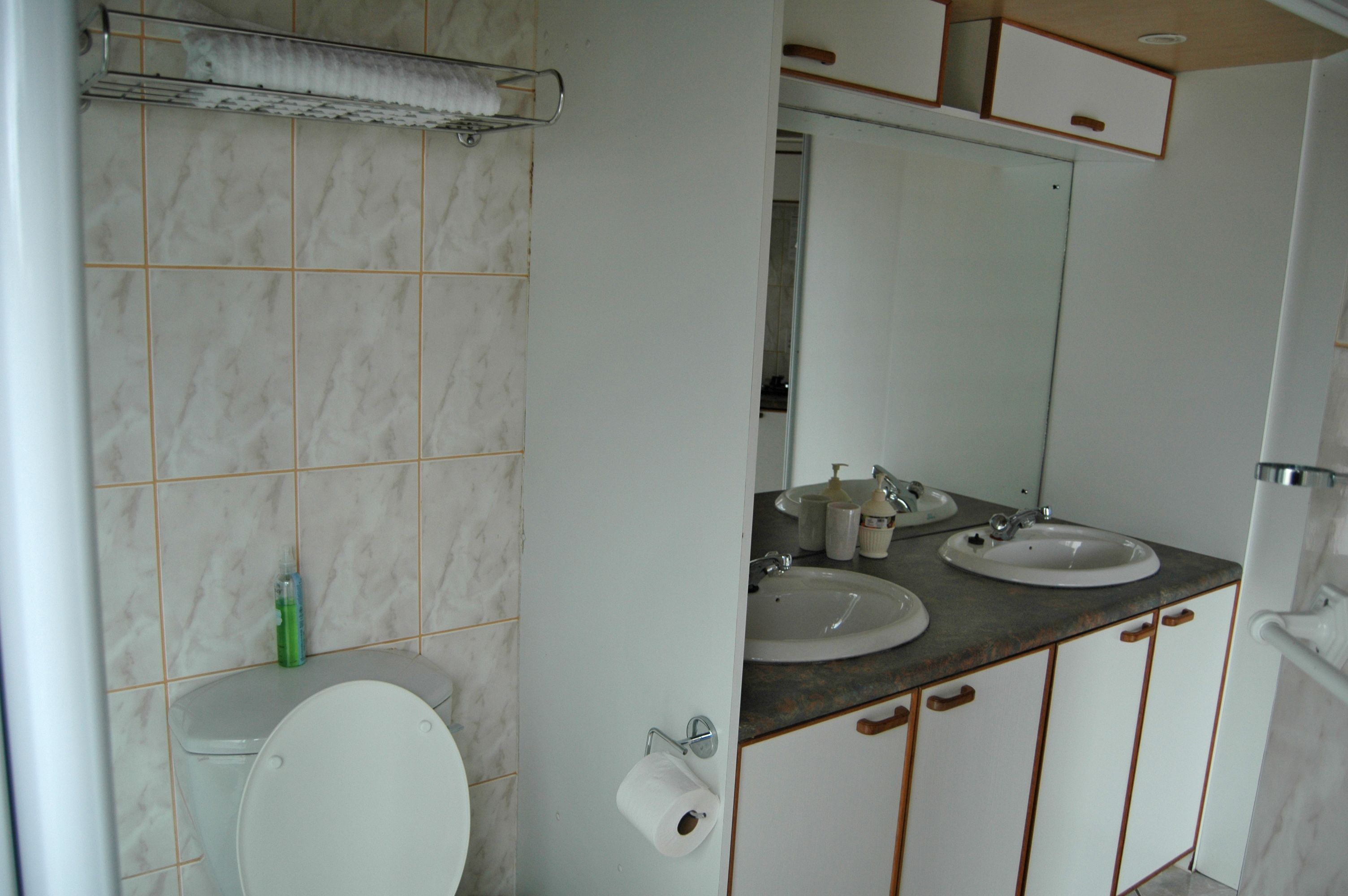 A bathroom with two sinks, a toilet, and a mirror.