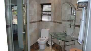 A bathroom with a glass sink, a toilet, and a shower area.