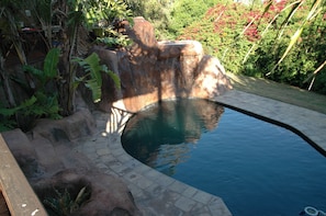 Una piscina con diseño de roca natural, rodeada de abundante vegetación y un camino de piedra.