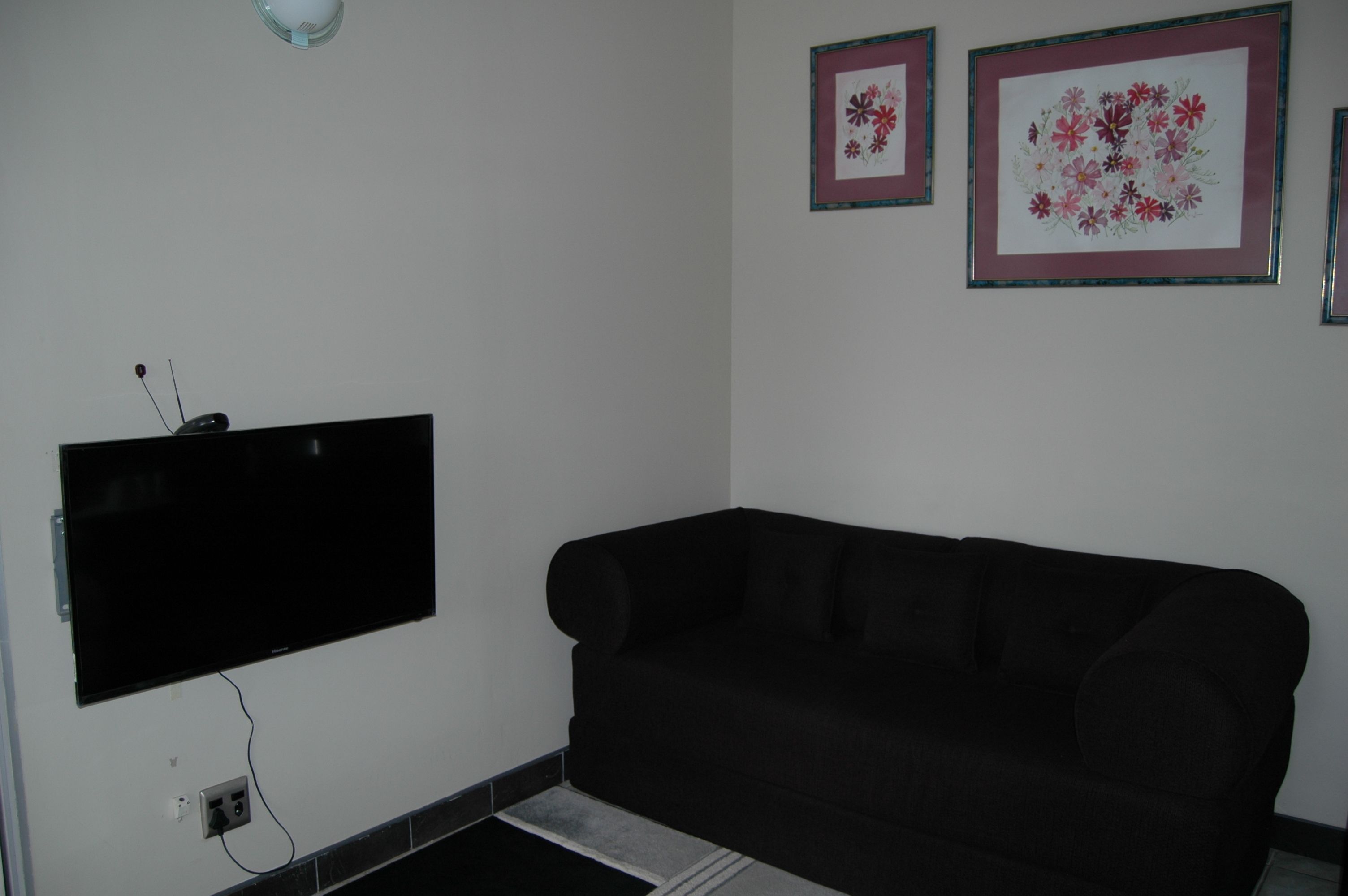 Una sala de estar con una televisión de pantalla plana montada en la pared, un sofá negro y dos cuadros con motivos florales.