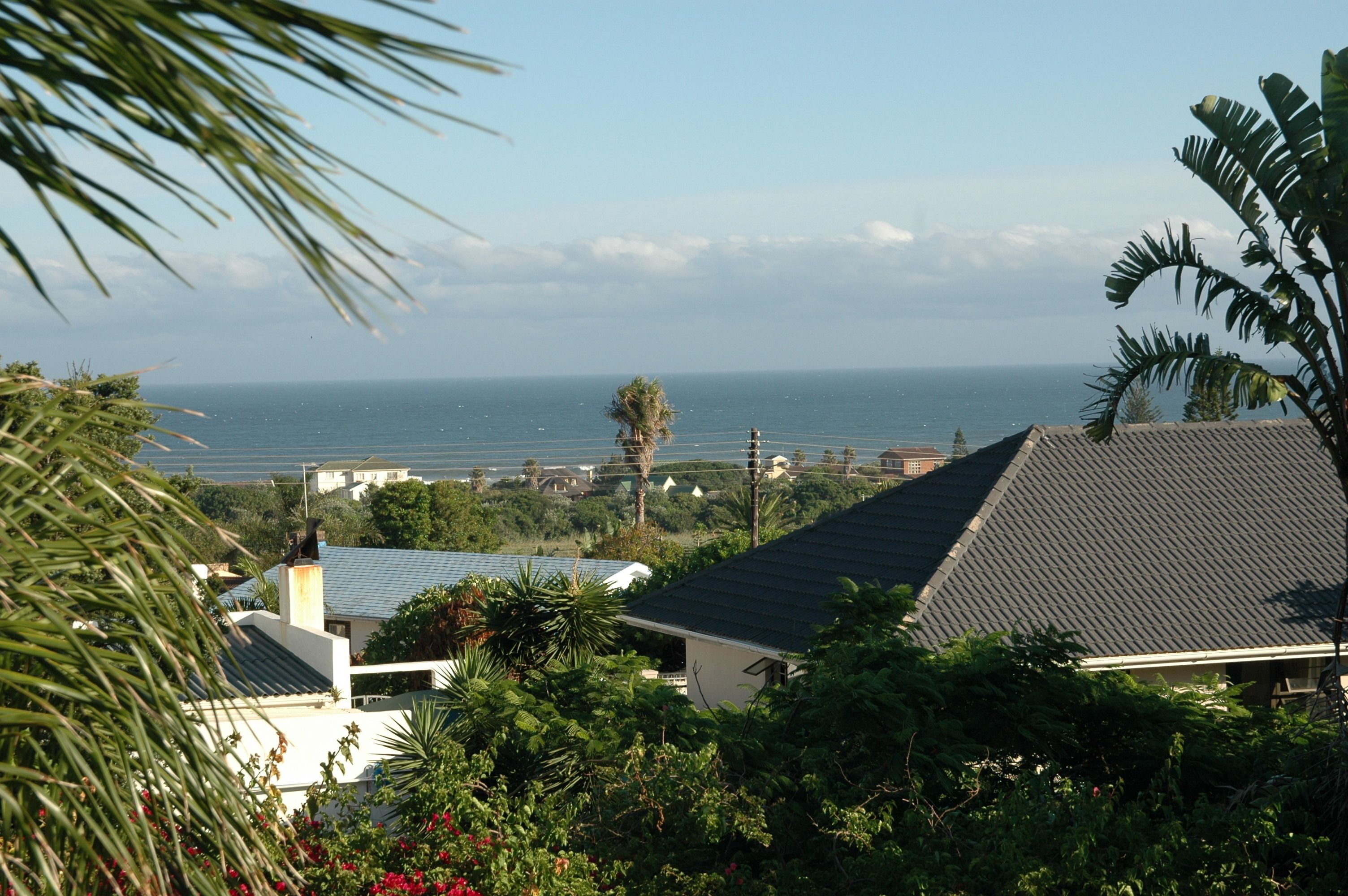 A coastal residential area with houses, a view of the sea, and lush greenery.