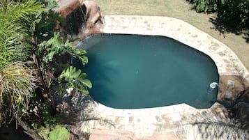 Relax by the pool surrounded by lush greenery and a stone border.