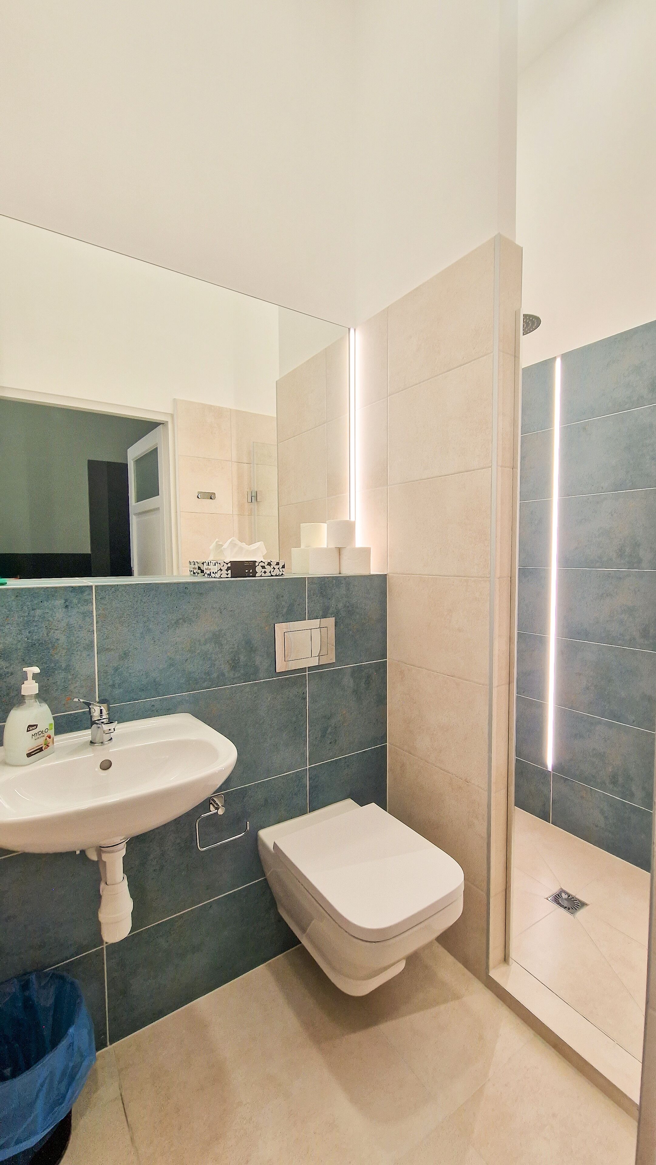 A modern bathroom with a sink, toilet, and shower area.
