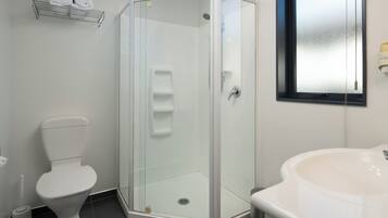 A modern bathroom with a glass-enclosed shower, a white toilet, and a large sink.
