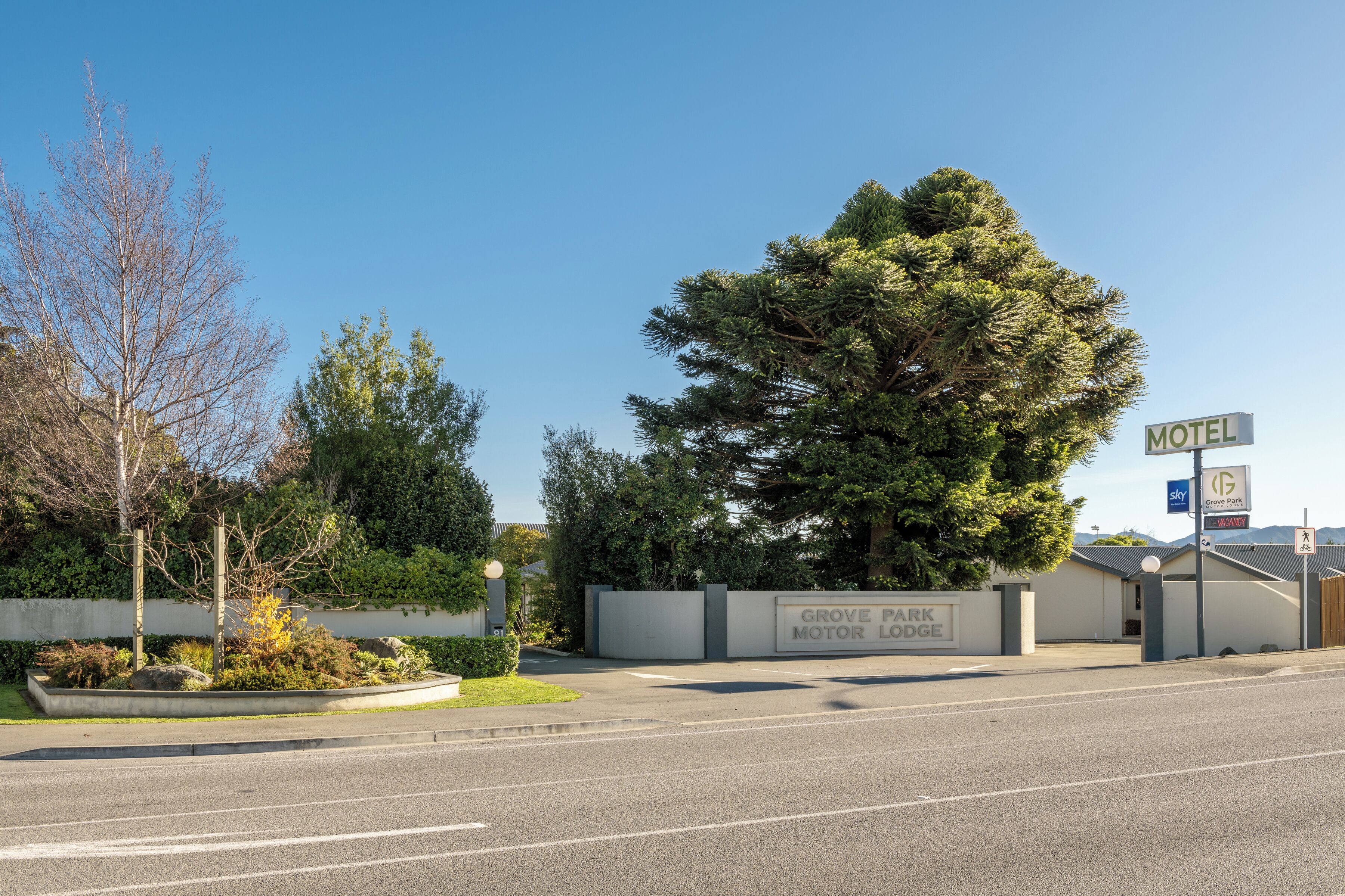 A motel entrance with a large tree, a sign for Grove Park Motor Lodge, and a 'VACANCY' sign.