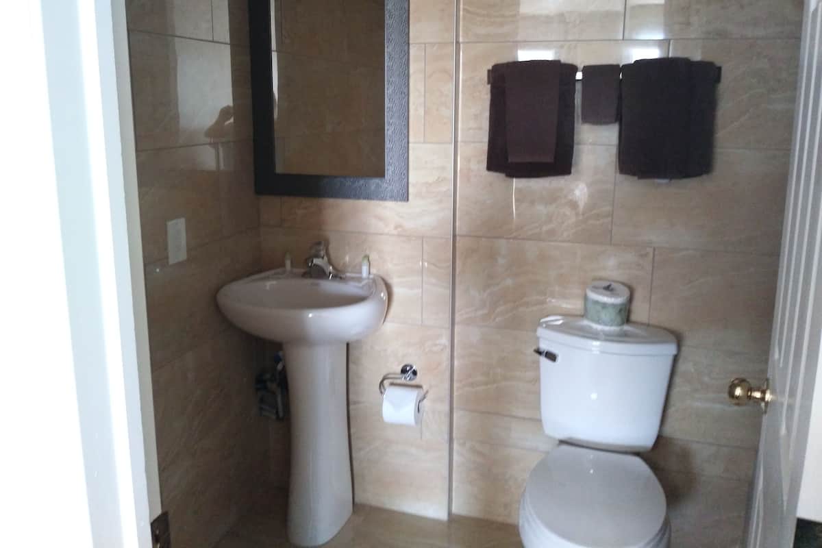 Une salle de bain avec un lavabo, un miroir et des toilettes.
