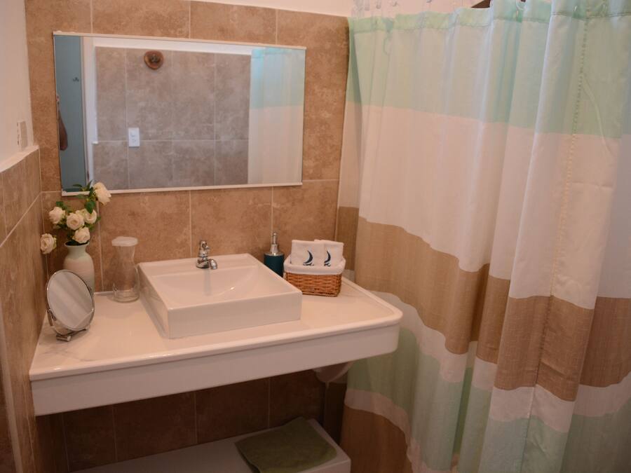 Un baño con lavamanos, espejo y cortina de ducha.