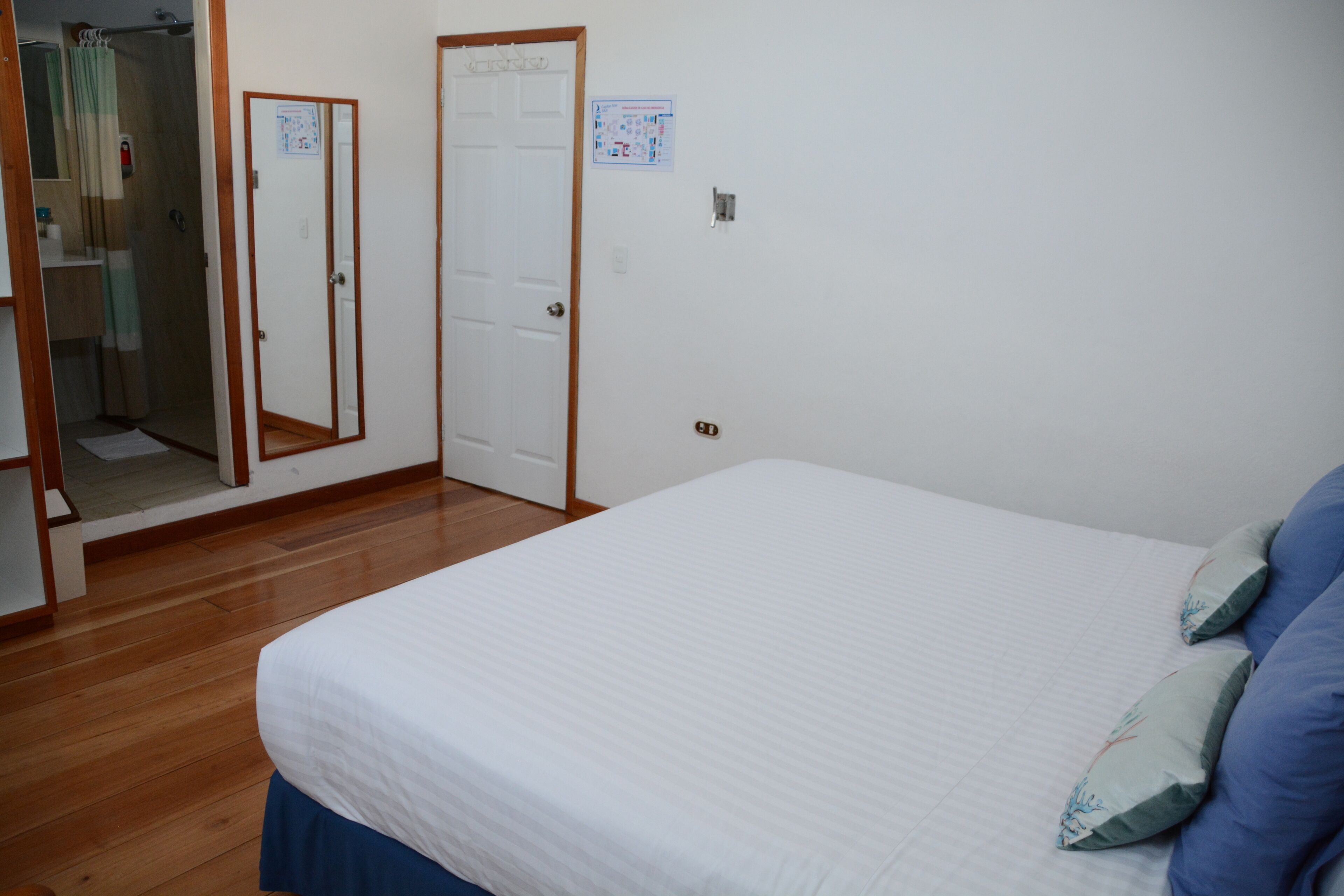 Une chambre à coucher avec un lit, un plancher en bois, une porte et un miroir.