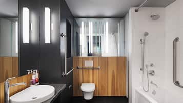 Shower, free toiletries, hair dryer, towels