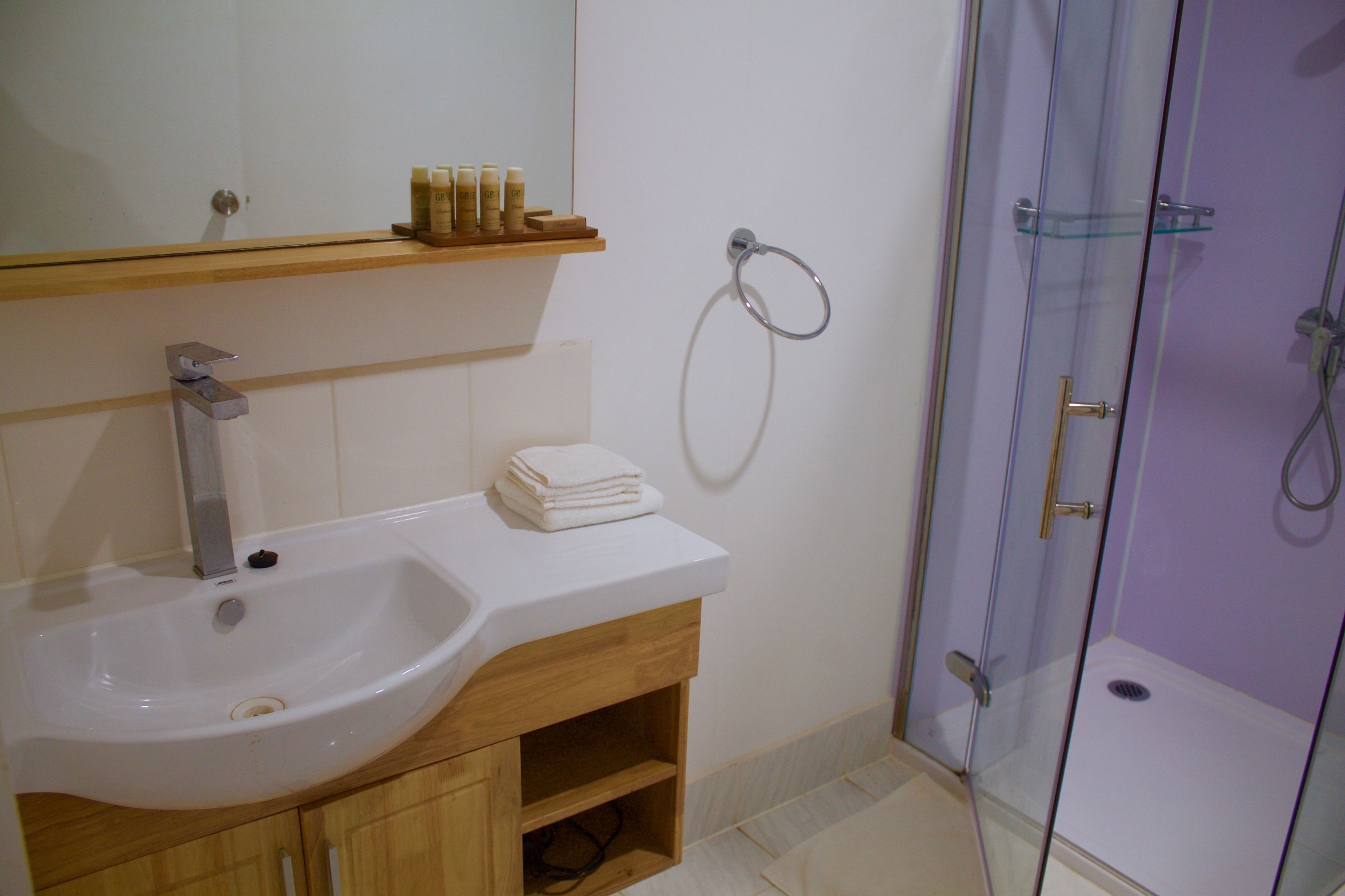 Ein Badezimmer mit einem weißen Waschbecken, einem Holfläschchen und einer Duschkabine aus Glas.