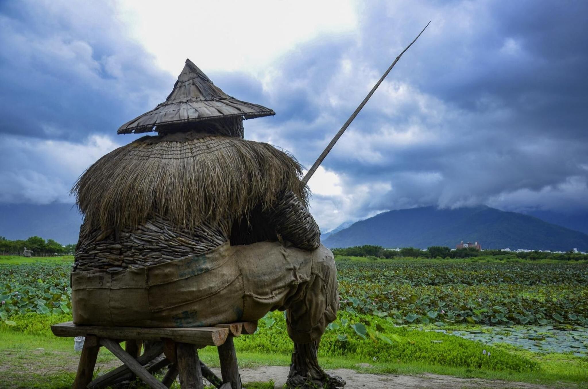 A person sitting on a wooden bench with a thatched roof, overlooking a body of water with lotus plants and a mountain in the background.