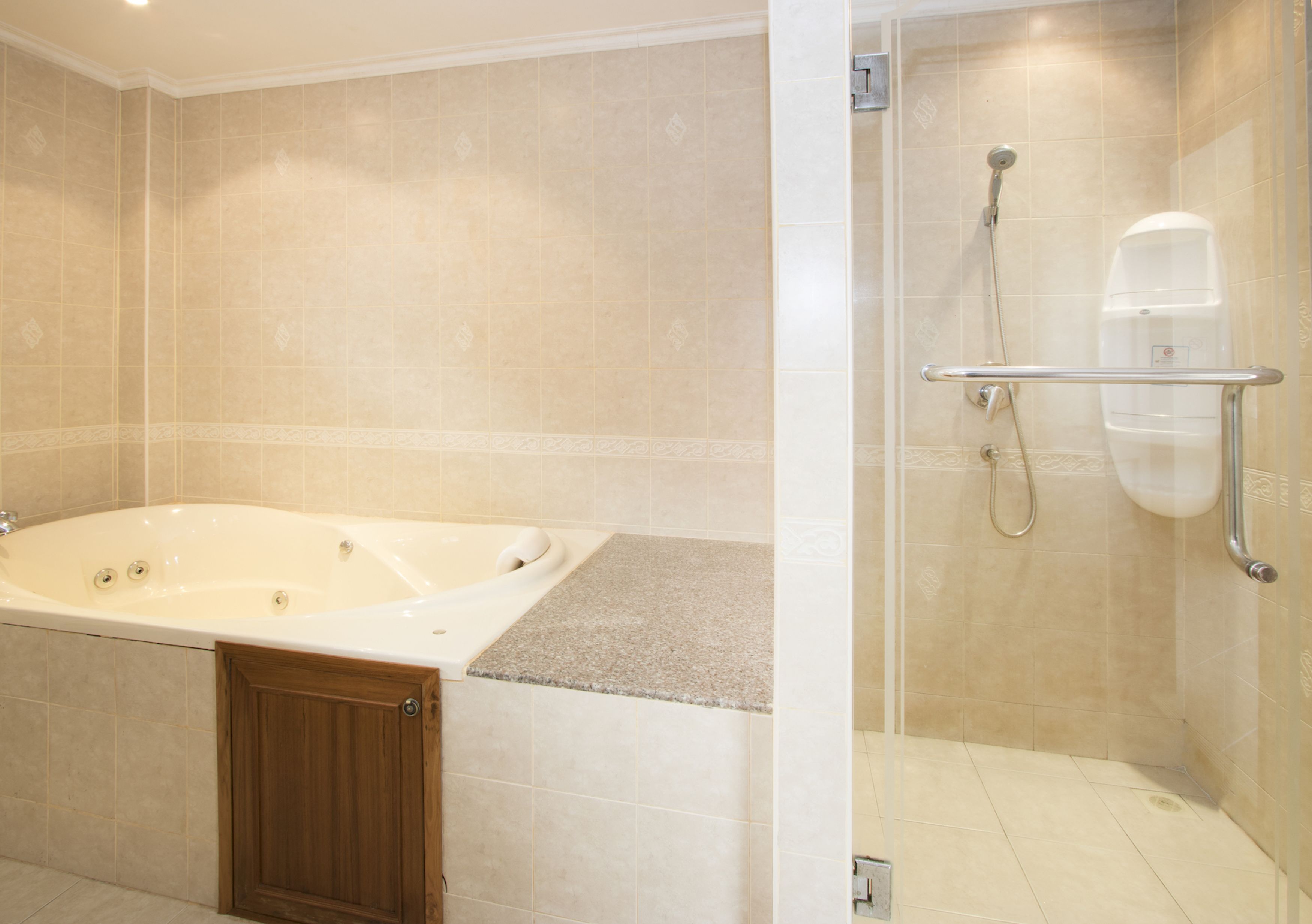Ein Badezimmer mit Badewanne, Dusche und einer Handstange.