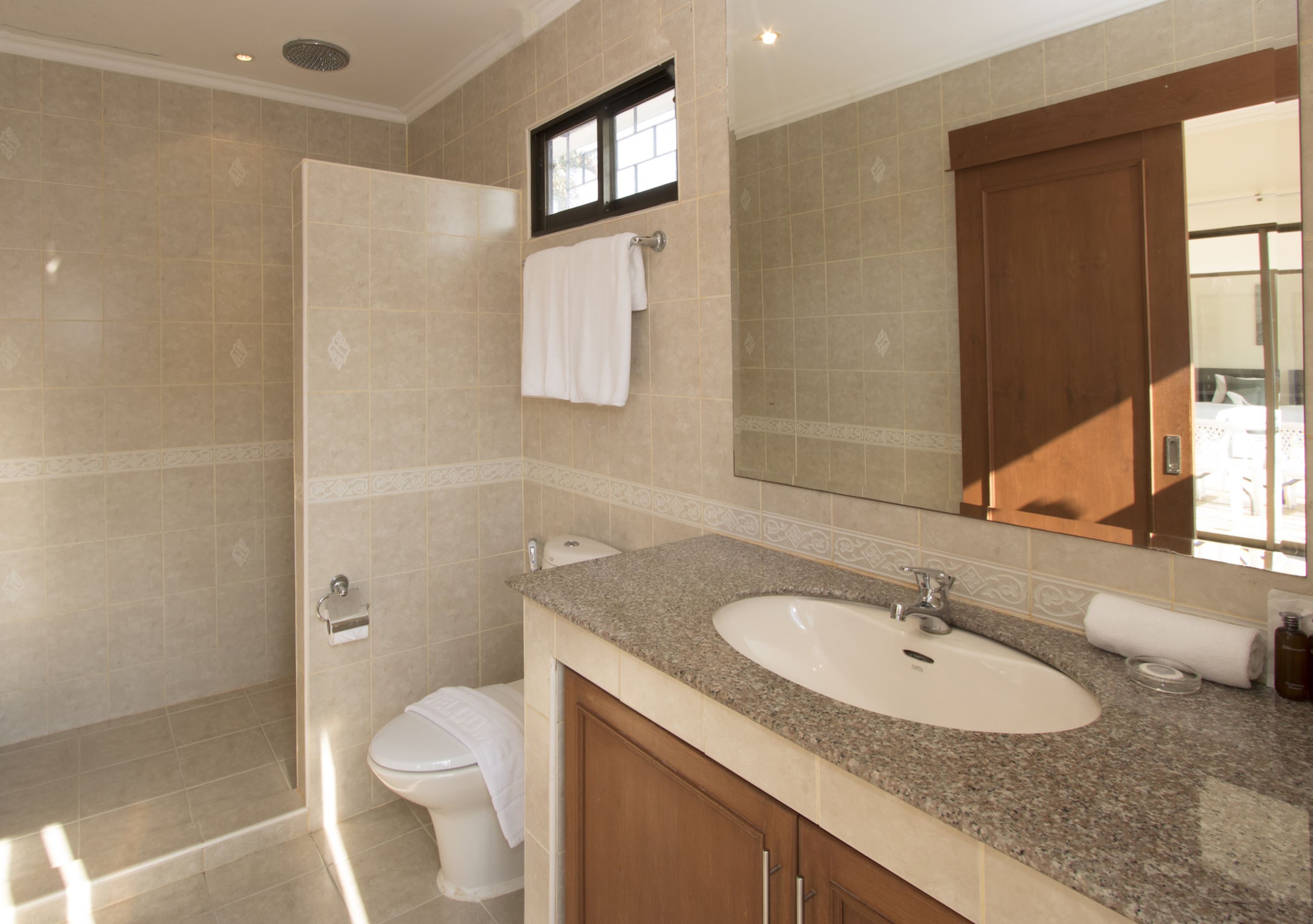 A bathroom with a shower, toilet, sink, and a large mirror.