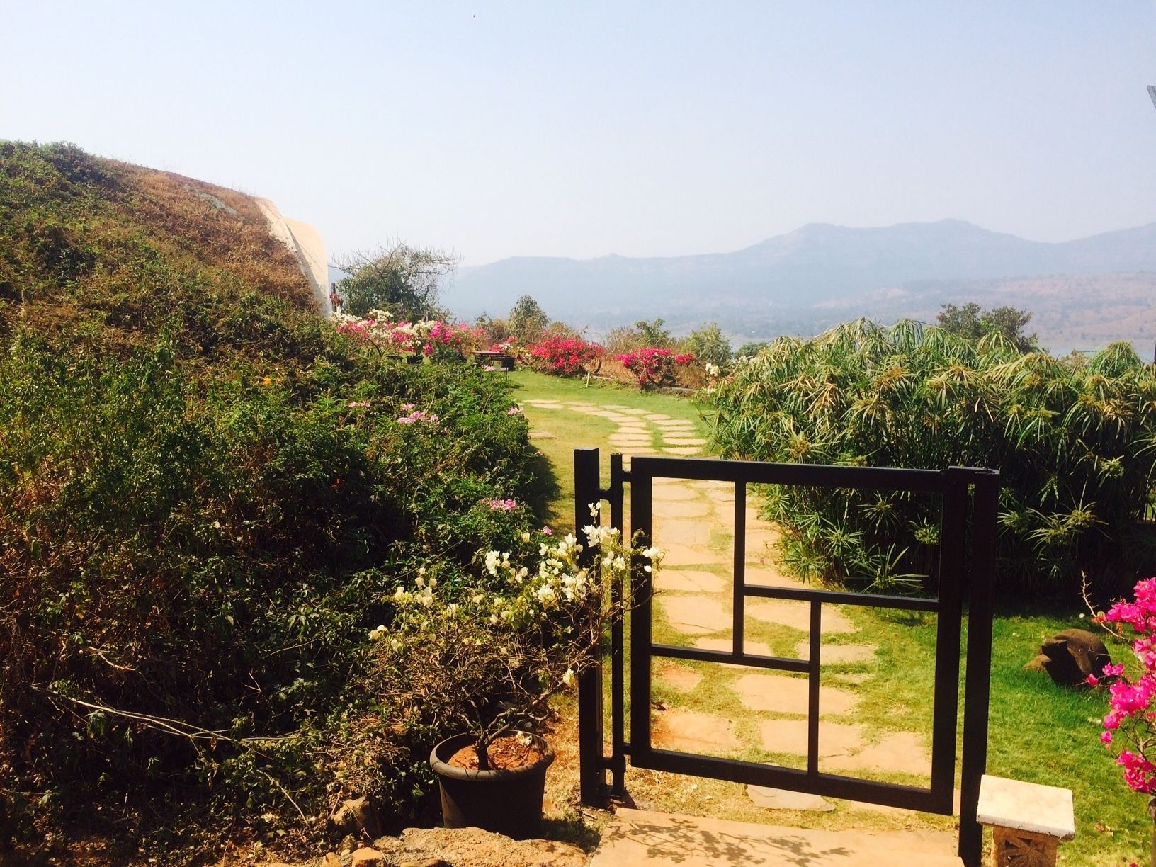 A garden pathway leading to a gate with a view of distant mountains.