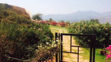 A garden pathway leading to a gate with a view of distant mountains.