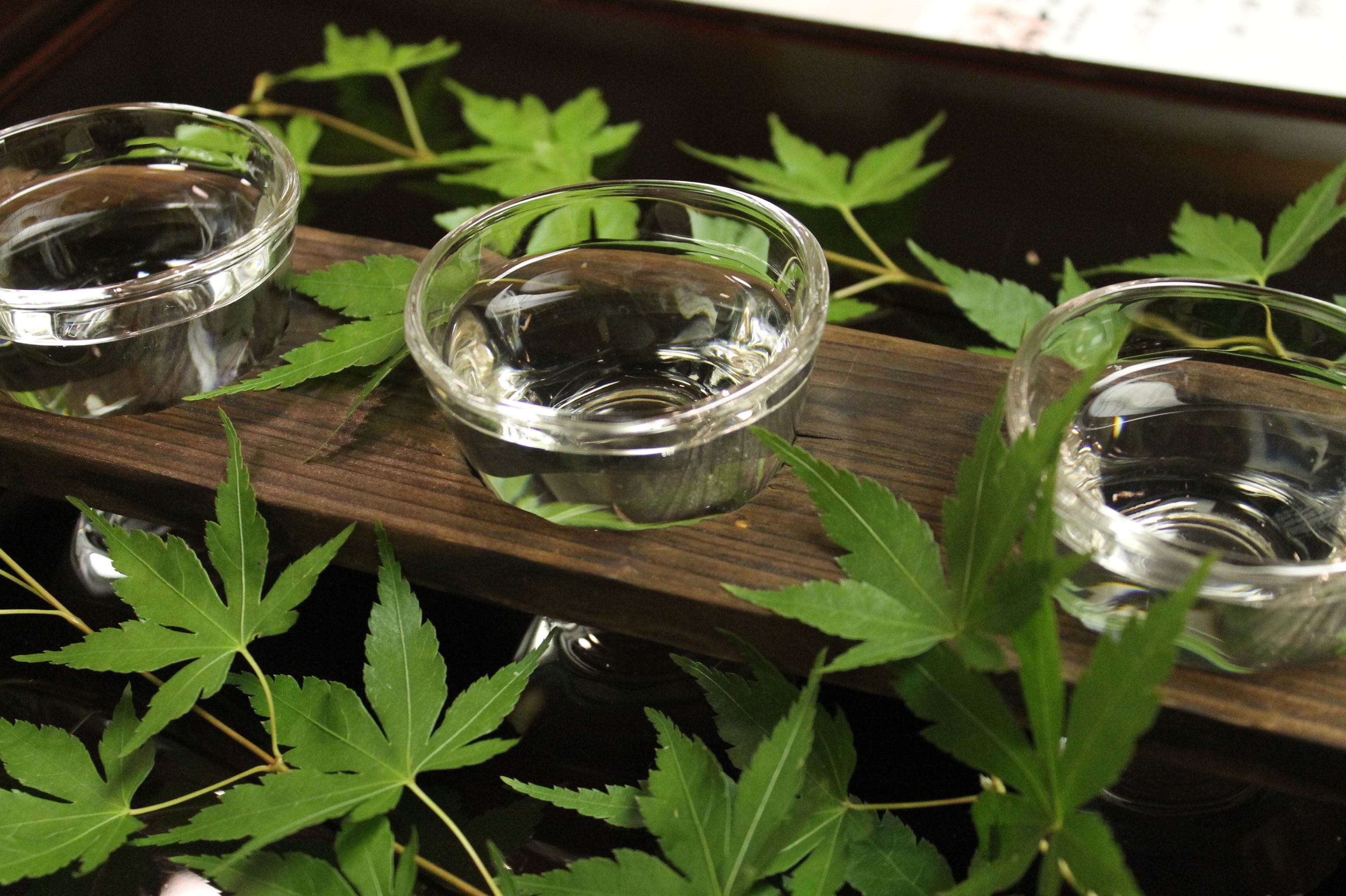 Three clear glasses on a wooden tray with green leaves.