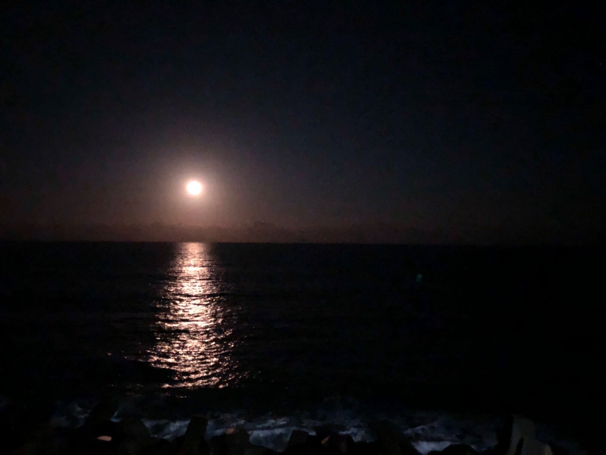 Escena nocturna con una luna llena reflejada en el agua.