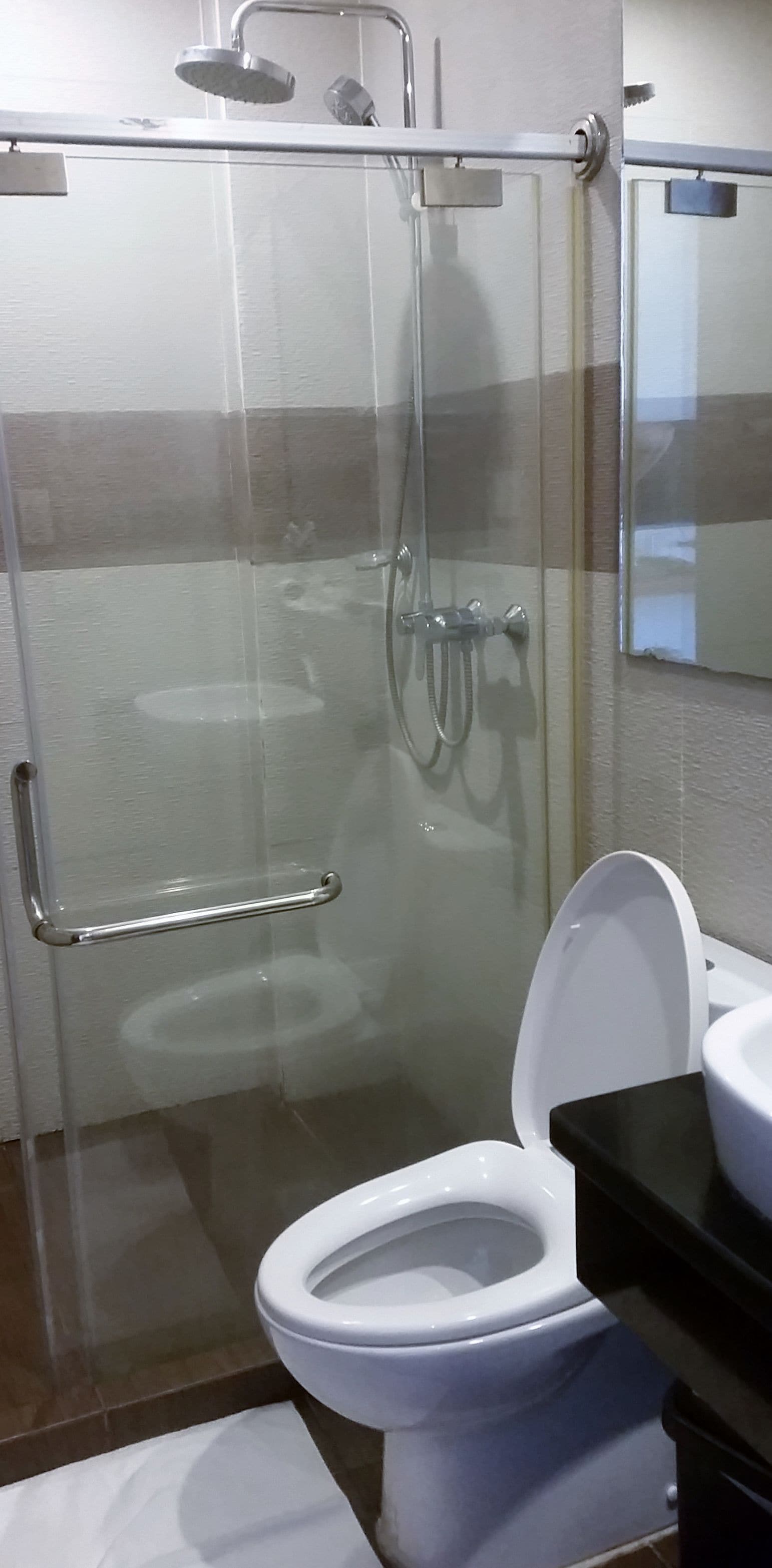 deluxe double room | bathroom | shower, bidet, towels
