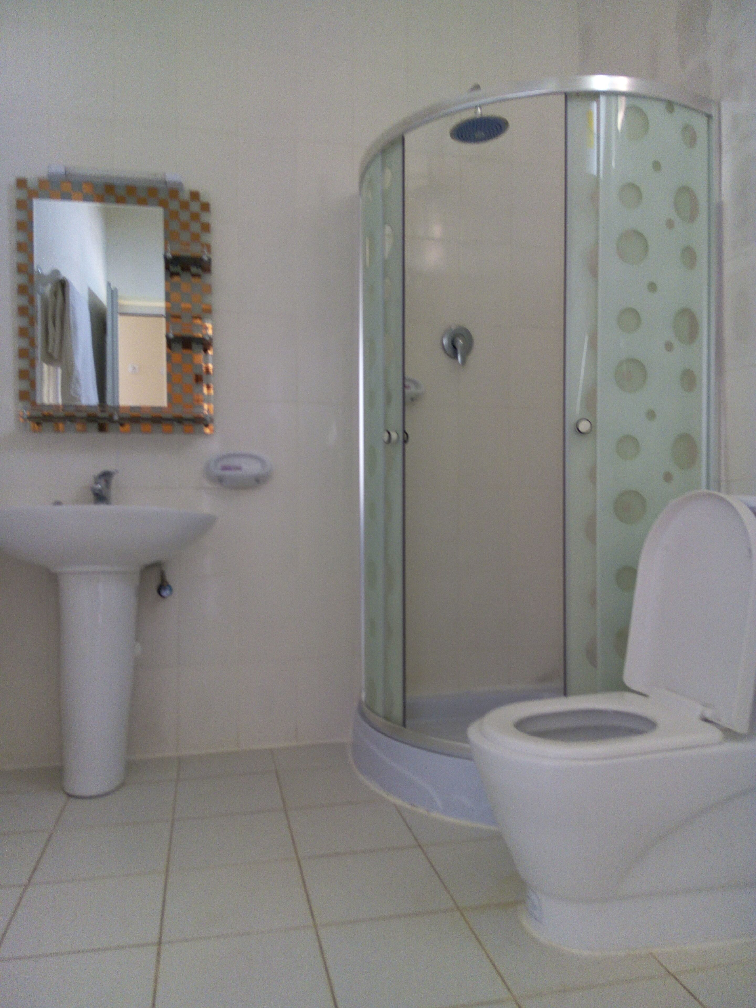 A bathroom with a glass shower enclosure, a sink, and a toilet.
