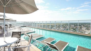 Outdoor pool, open 10:00 AM to 6:00 PM, pool umbrellas, pool loungers