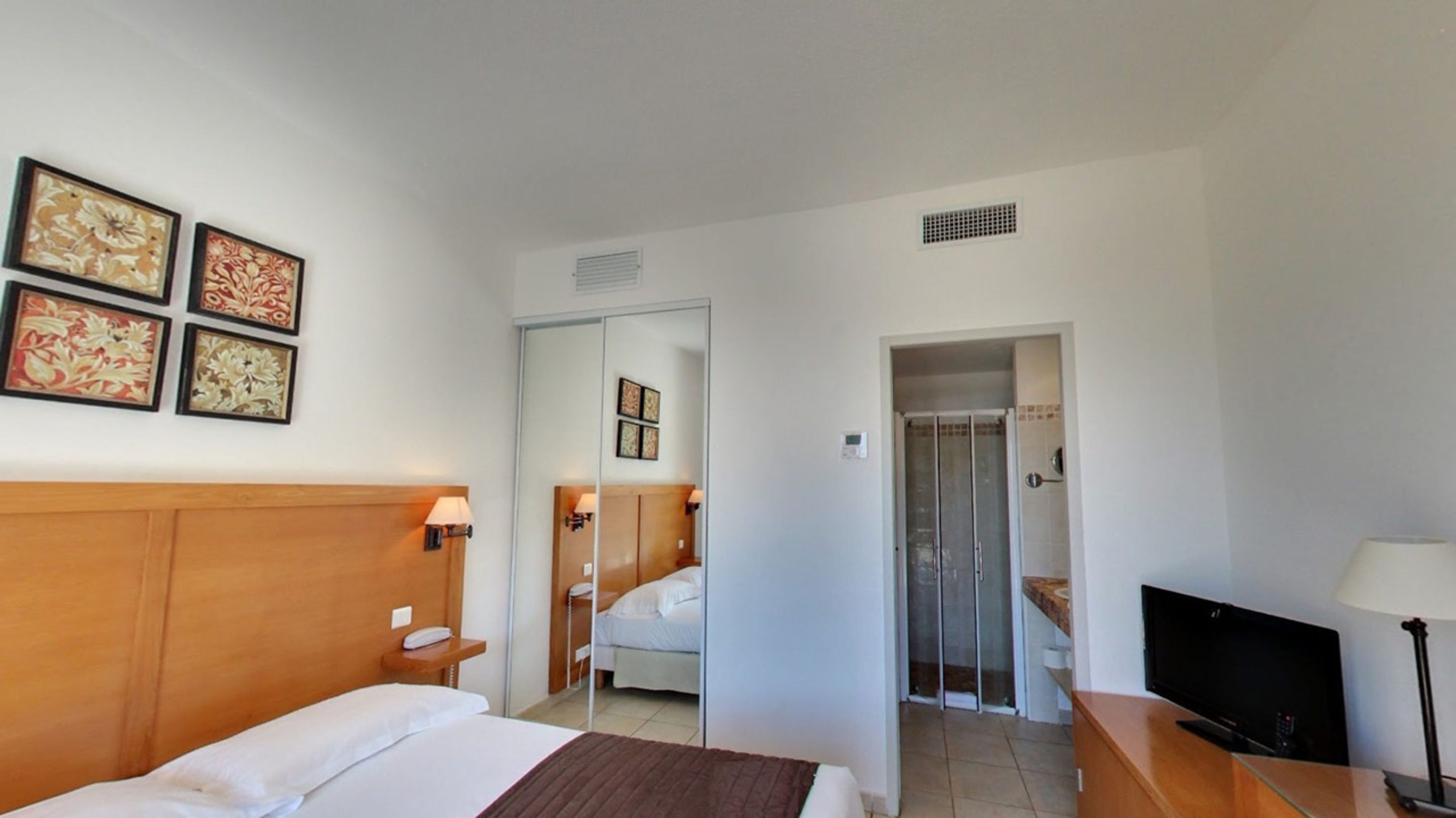 Una camera d'albergo con un letto, una TV, una scrivania e un angolo doccia.