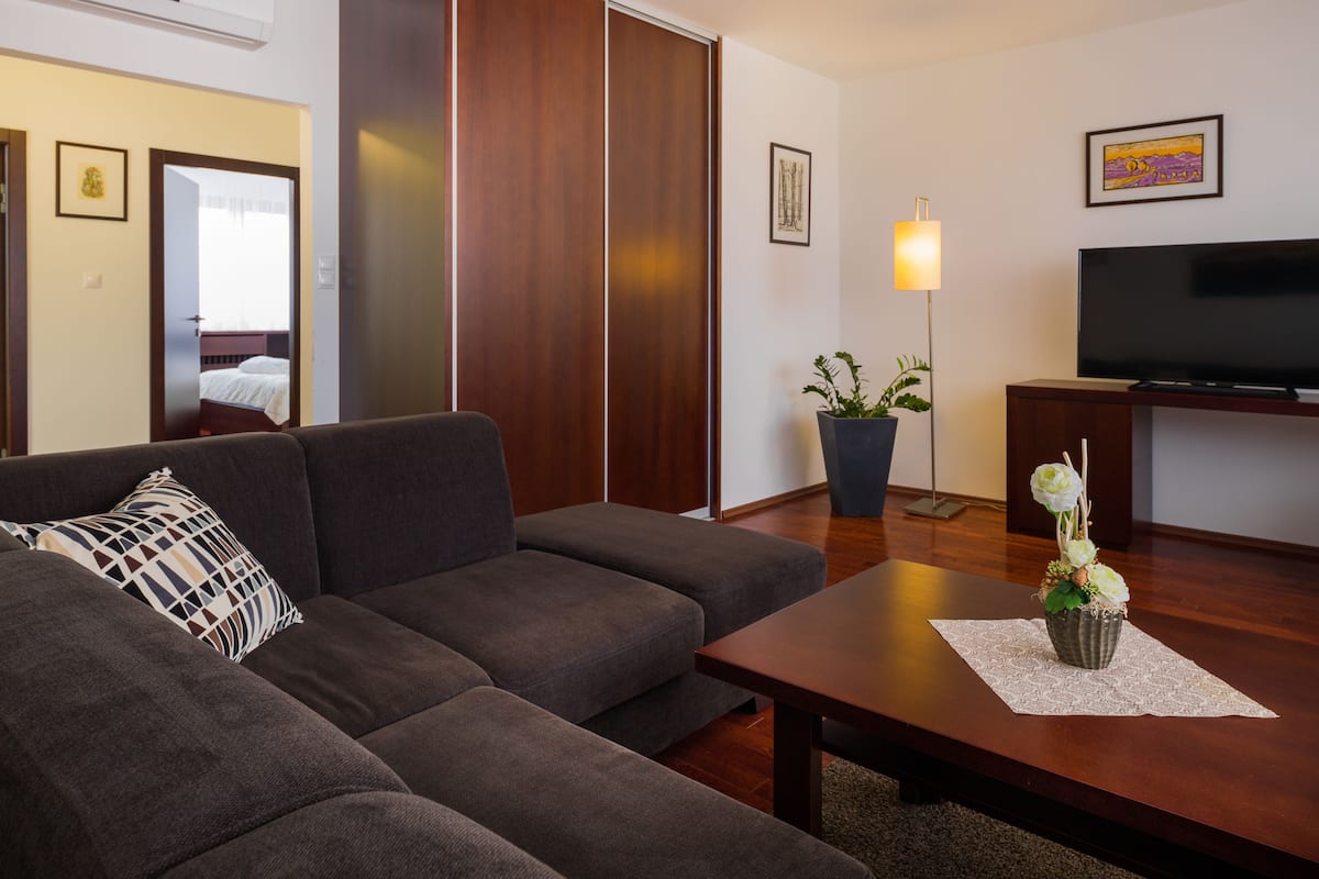 A modern living room with a dark grey sofa, a wooden coffee table, and a flat-screen TV. There is a potted plant and a framed picture on the wall.