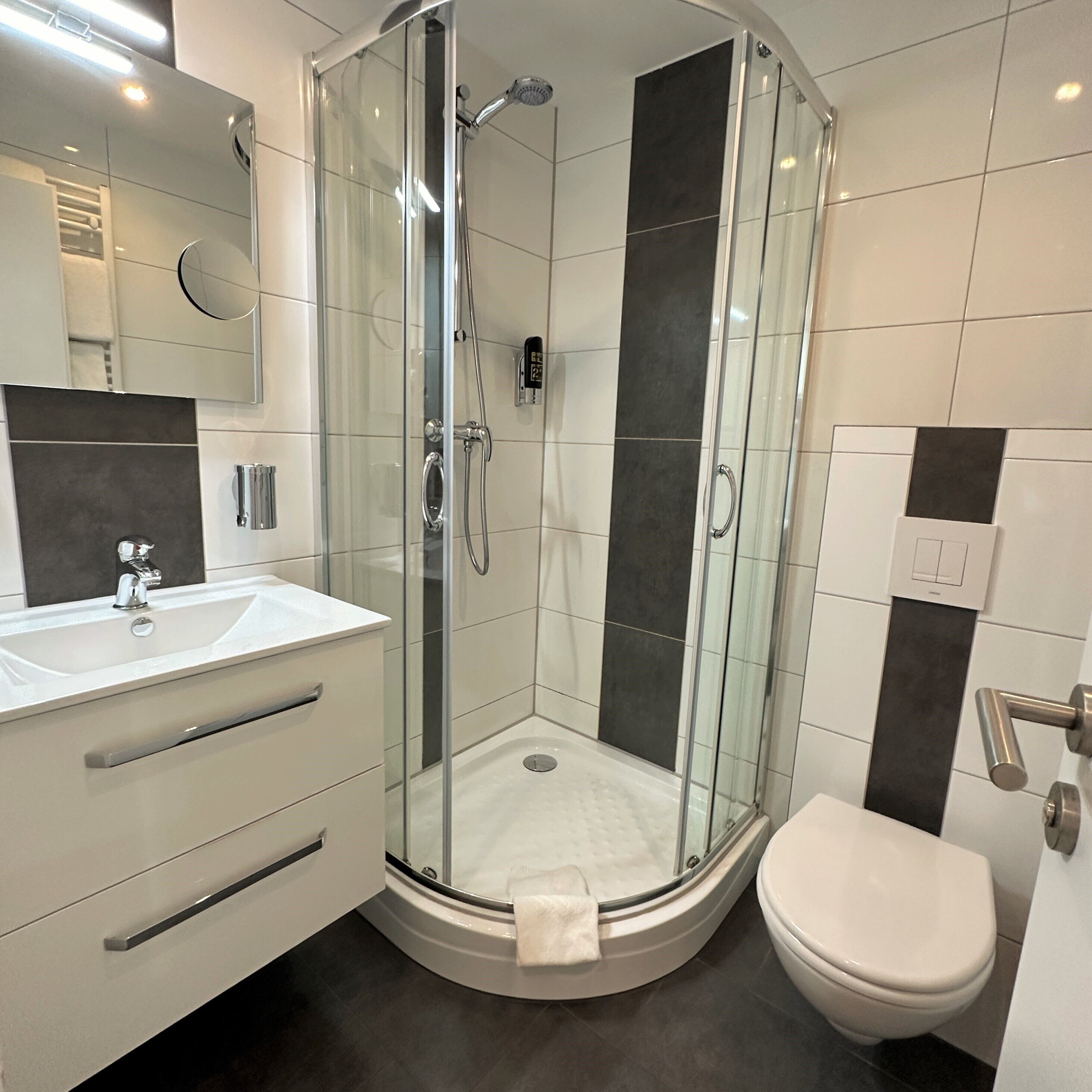 Ein modernes Badezimmer mit einer Duschkabine, einem weißen Waschbecken und einer Toilette.