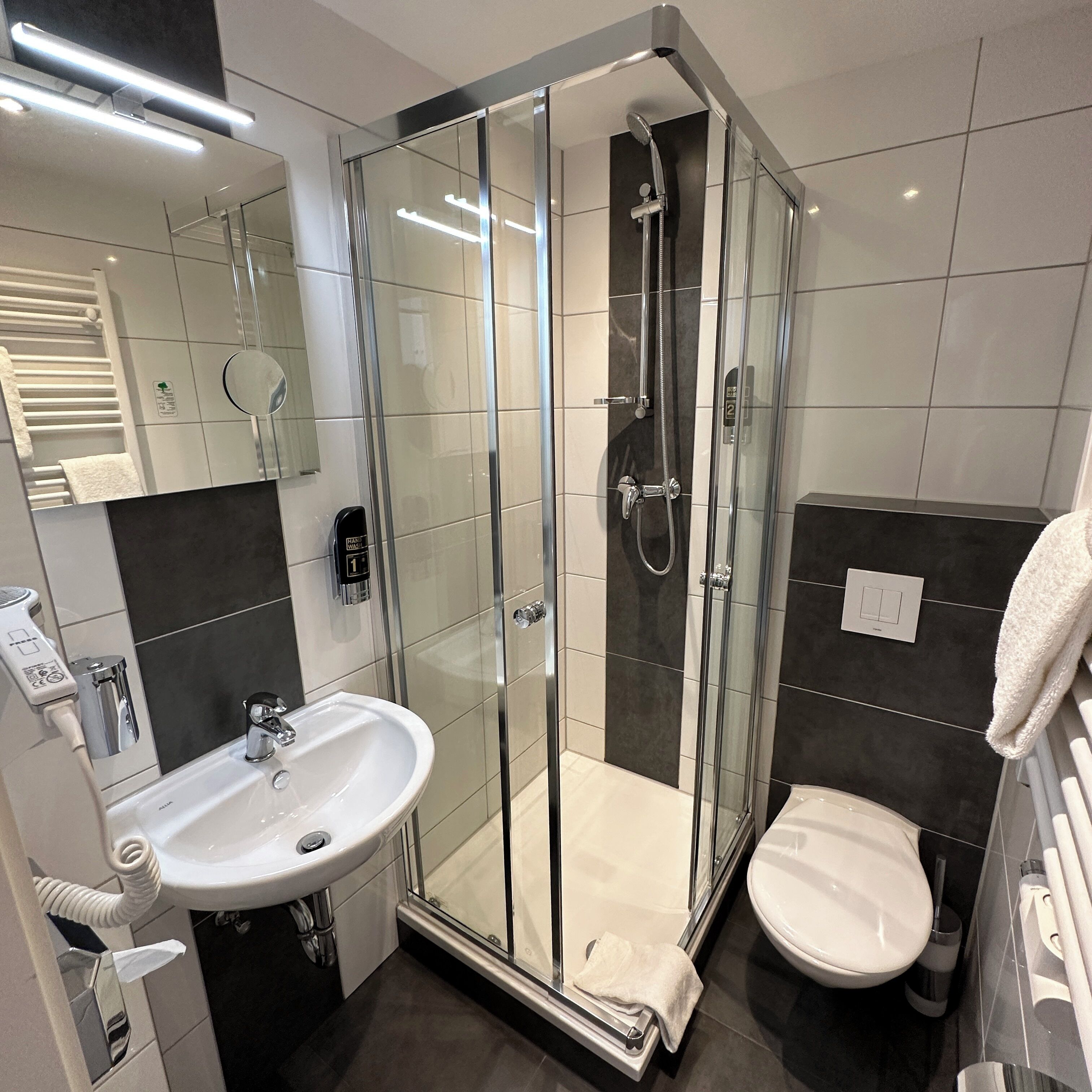 Een moderne badkamer met een douchecabine van glas, een witte wastafel en een toilet.