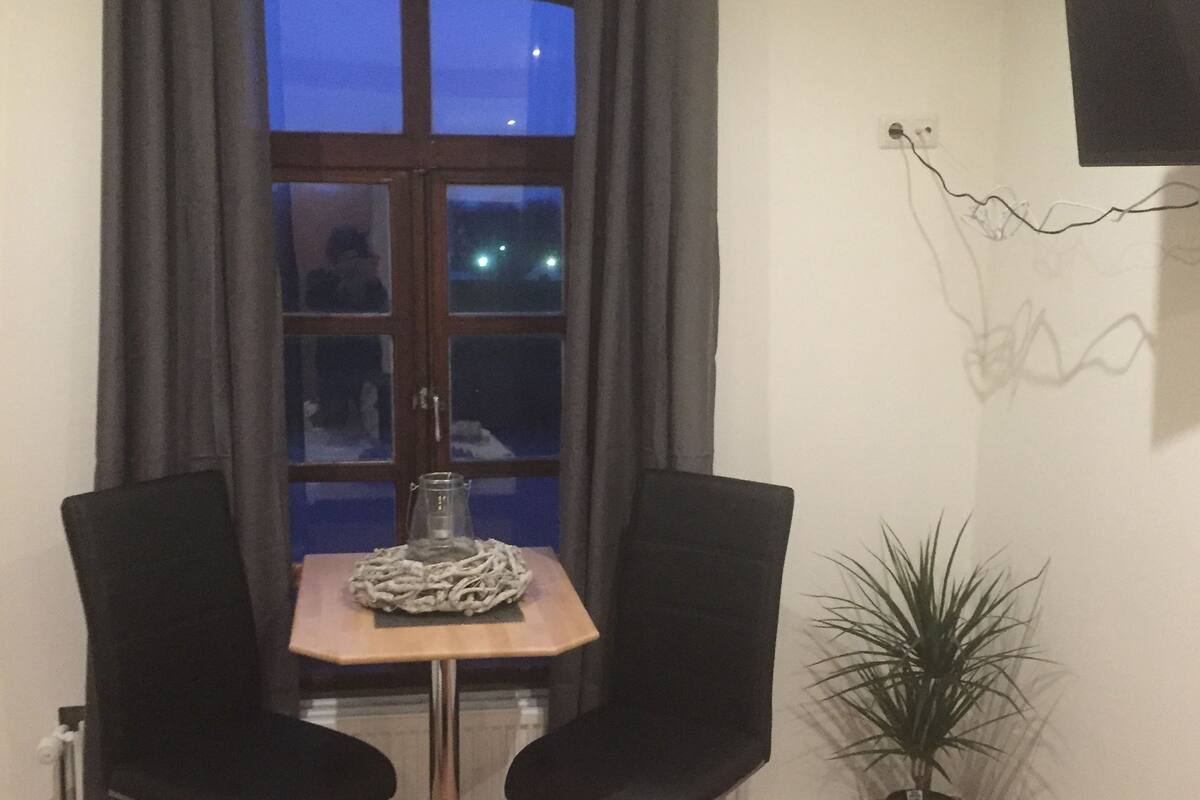 A room with a wooden floor, a table with two chairs, a window with curtains, a potted plant, and a wall-mounted TV.