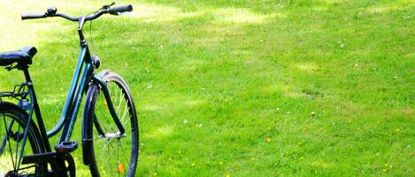 Una bicicleta aparcada en un césped.
