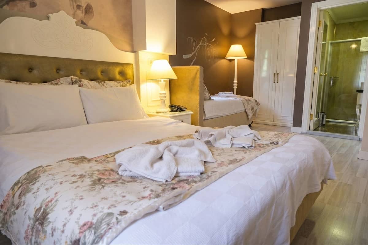 A hotel room with a large bed, a bedside table with a lamp, a wardrobe, and a glass-enclosed shower.