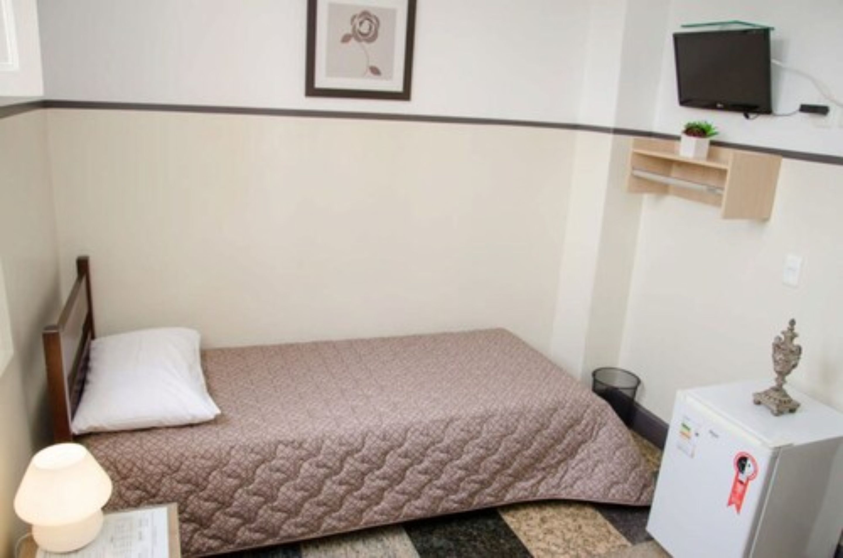 A small, single-bed room with a wooden headboard, a bedside table with a lamp, a small shelf with a plant, and a TV mounted on the wall.