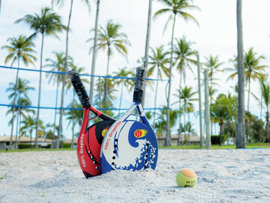 A beach volleyball court with a net, two volleyballs, and palm trees in the background.