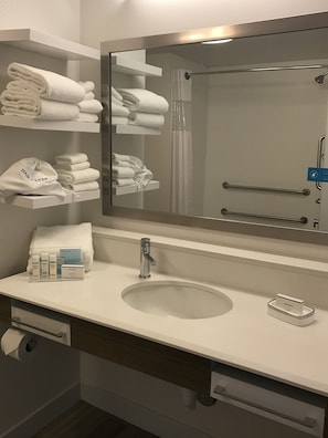 Bathroom features a sink, mirror, and storage for towels and personal items.