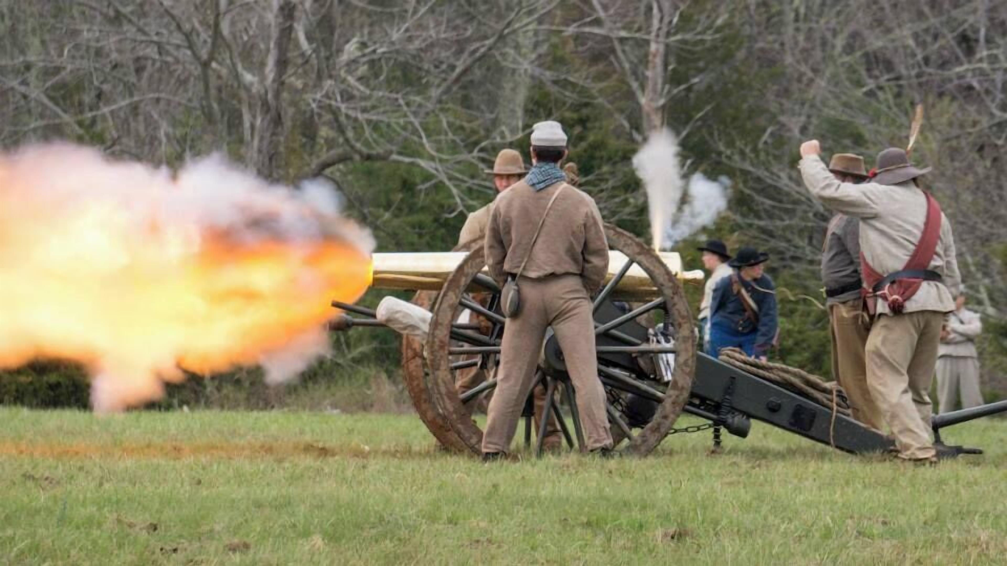 A historical reenactment scene with a cannon firing, people in period attire, and a grassy field.