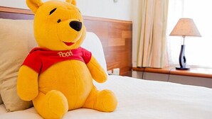 A plush toy Winnie the Pooh sitting on a bed in a hotel room. - Yi Shin Garden Hostel (Shoufeng)