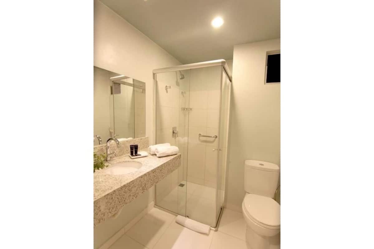 shower, designer toiletries, hair dryer, towels