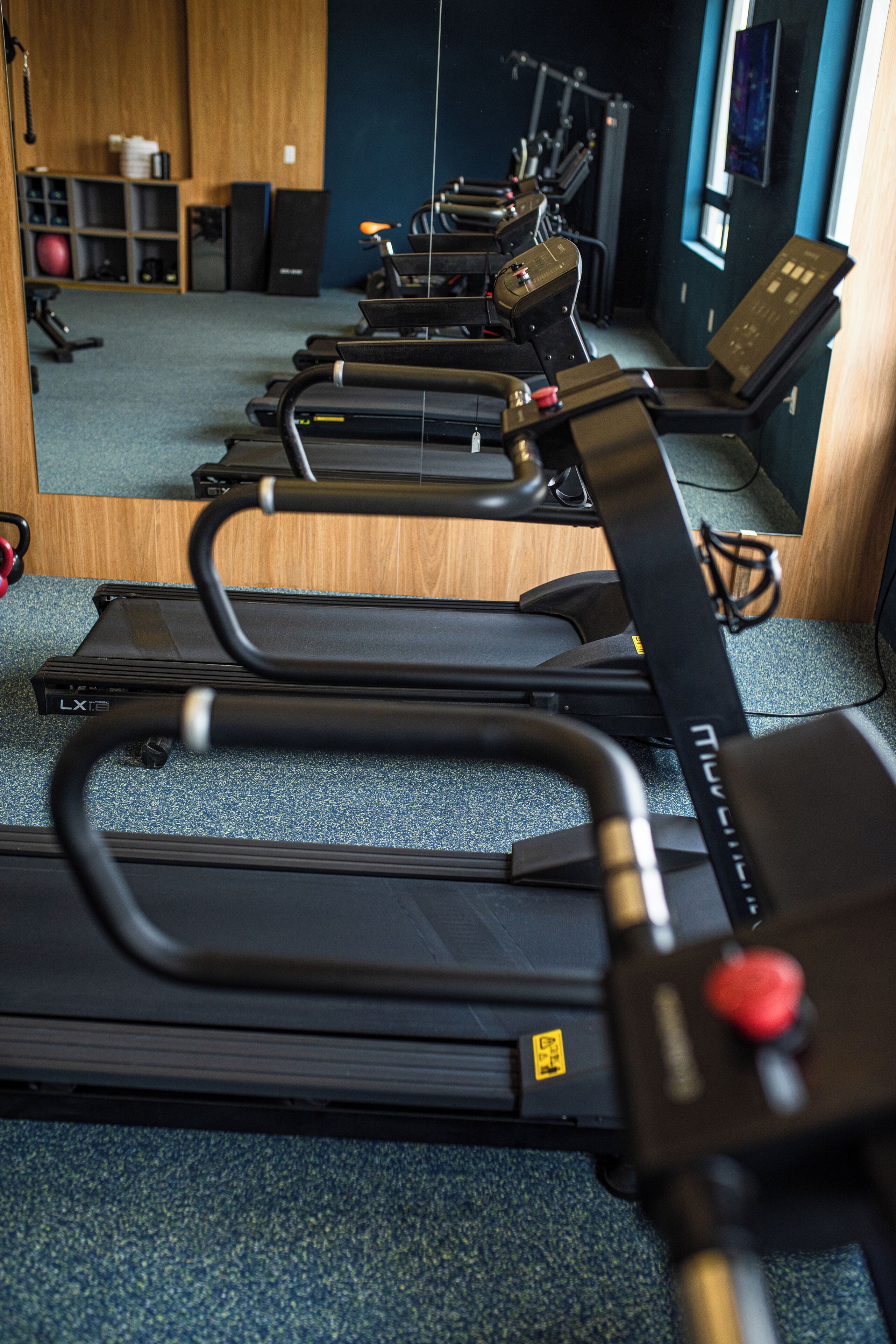 A gym with treadmills, exercise balls, and a mirrored wall.