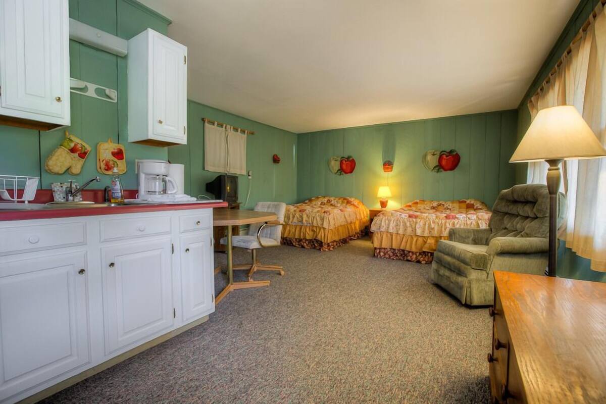 A compact room with a kitchenette, two beds with floral bedding, a chair, and a lamp.