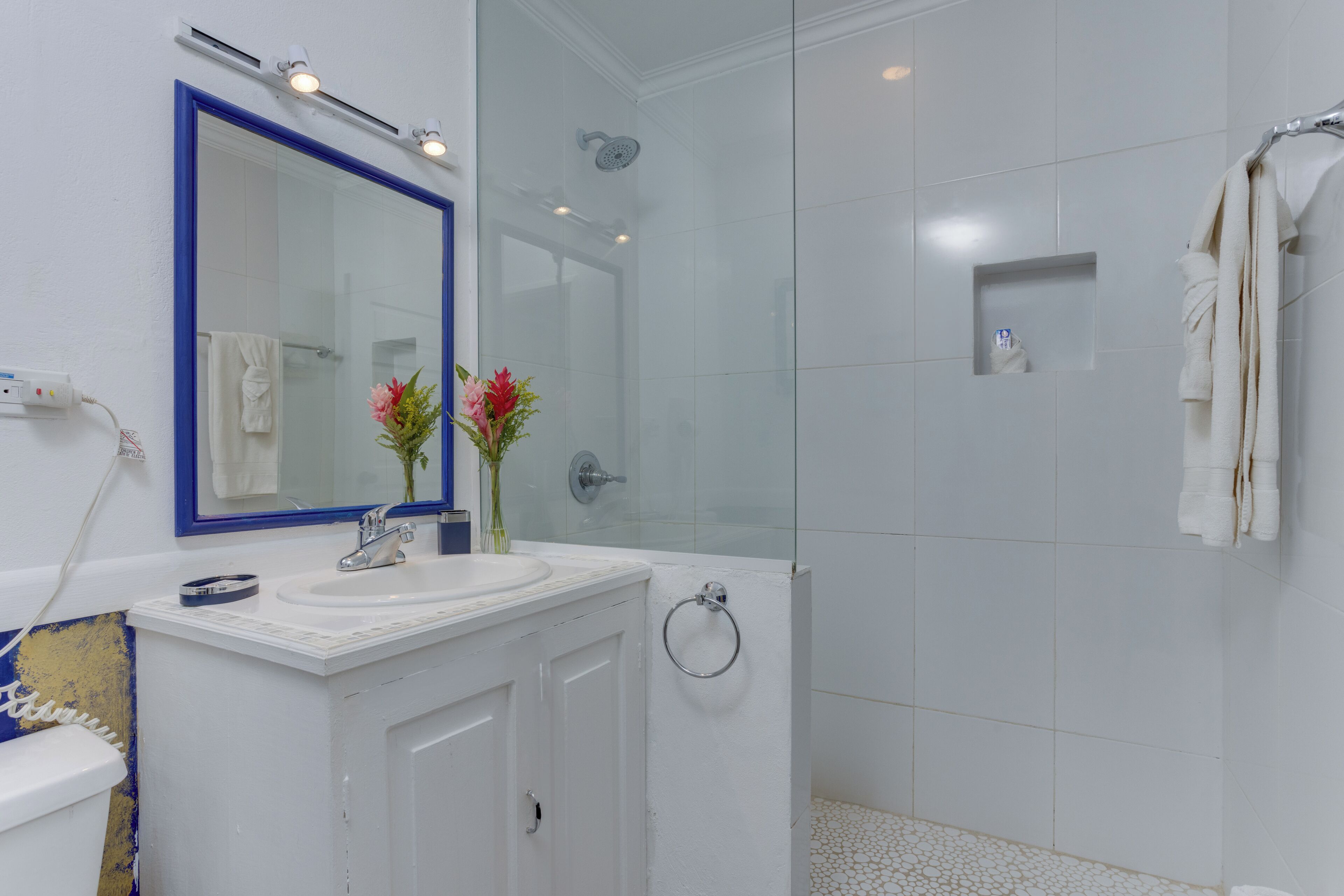 Un baño con un lavamanos blanco, un espejo con marco azul, cabina de ducha de vidrio y un perchero.
