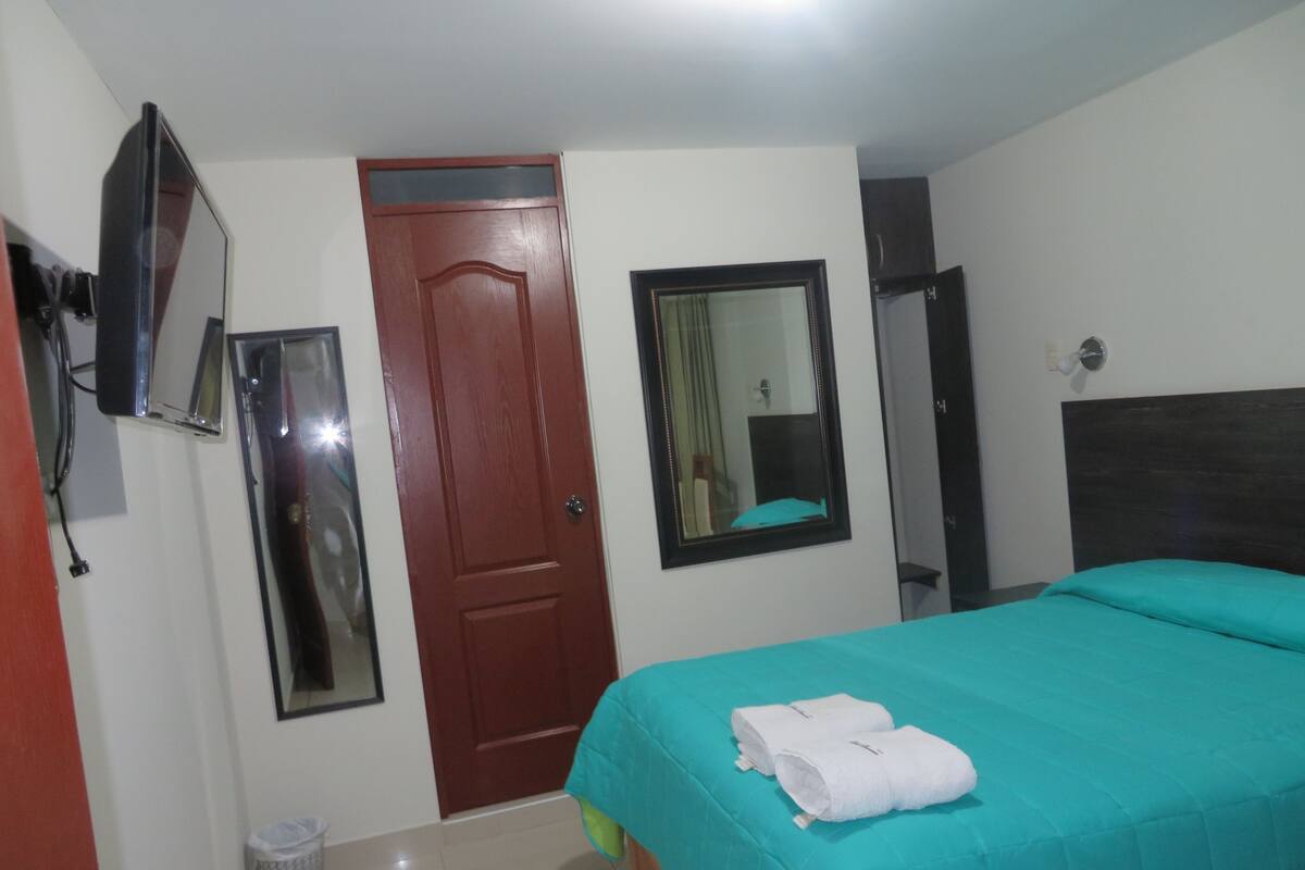 A bedroom with a bed, a door, a mirror, a wall-mounted TV, and a trash bin.